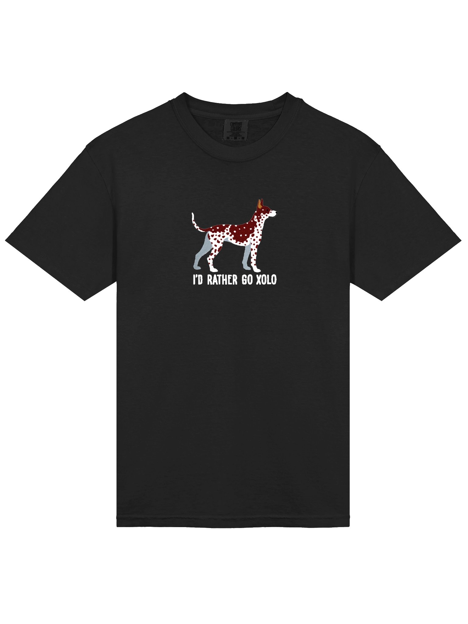 I'd Rather Go Xolo T-Shirt(Embroidered) of a Mexican Hairless Dog/Xoloitzcuintli(Brown & White) product image (6)