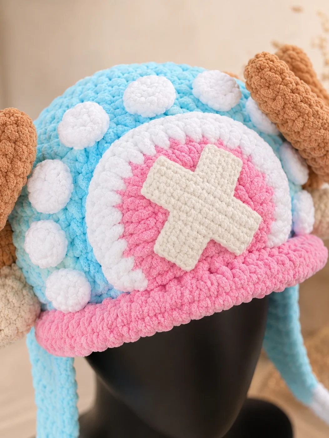 Pastel Crochet Plush Hat, Reindeer Doctor Pirate Inspired Beanie product image (4)