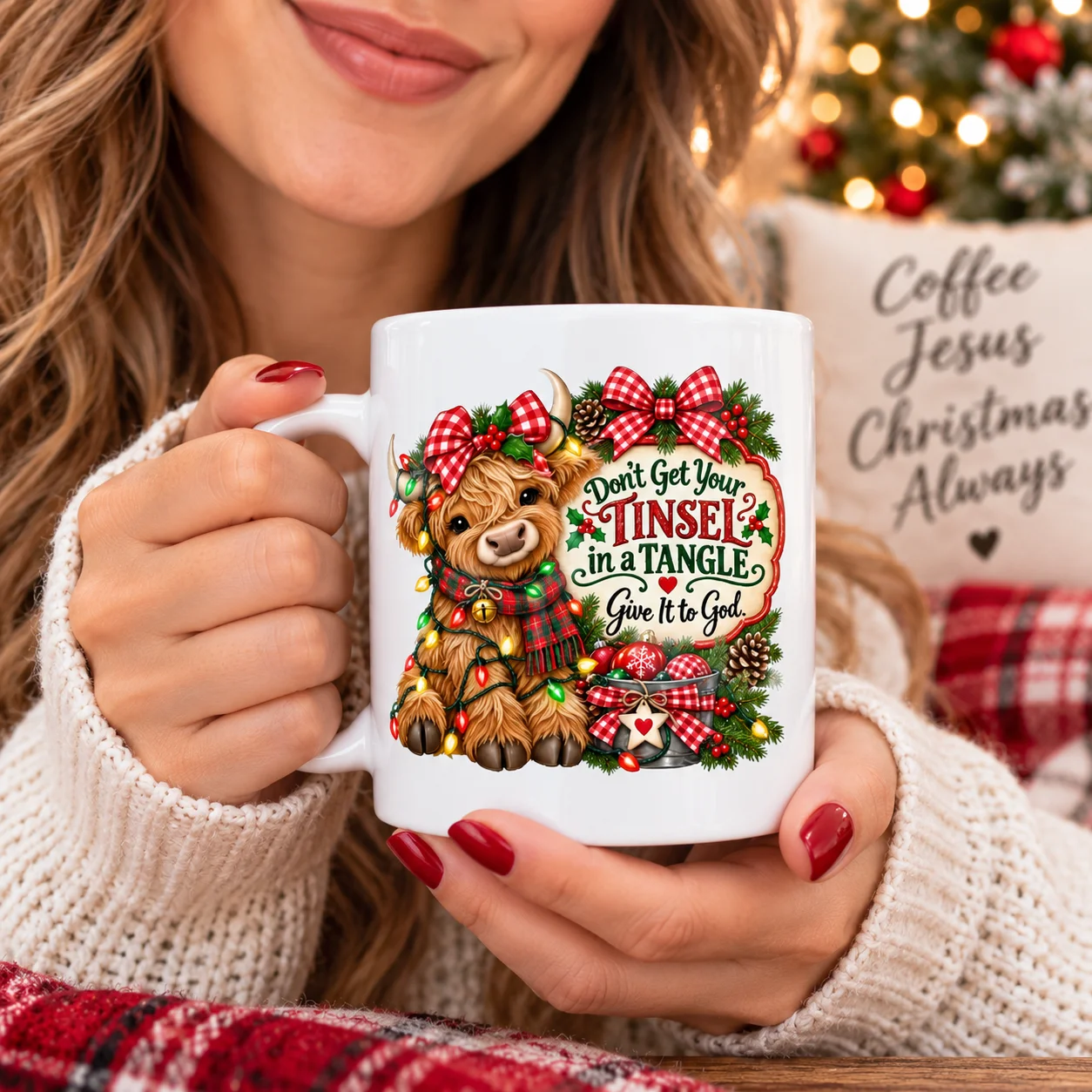 Funny Christian Christmas Mug | Highland Cow Tinsel Mug | Give It to God | Christmas Coffee Cup product image (2)