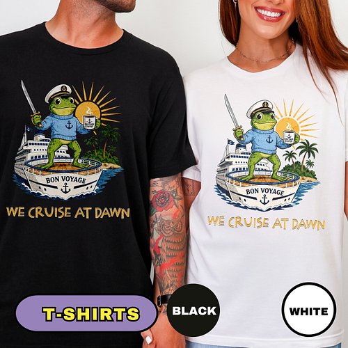 Bring some nautical humor to your next adventure with this funny frog cruise shirt featuring a coffee-loving captain frog, cr...