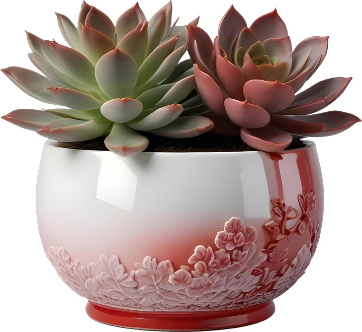 Chinese Porcelain Pot with Succulents – Red Gradient Floral Design PNG product image (1)