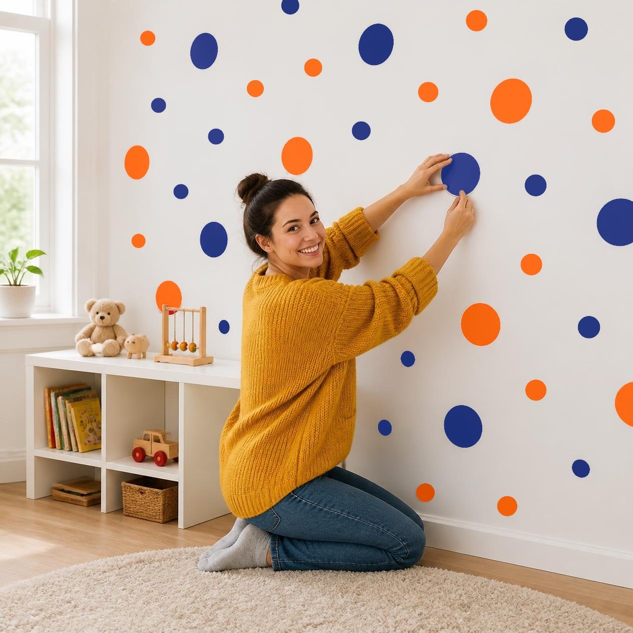 Navy Blue and Orange Polka Dot Wall Decals, 2" and 4" Vinyl Circle Stickers, Removable Dot Decals for Nursery, Kids Room, Playroom product image (2)