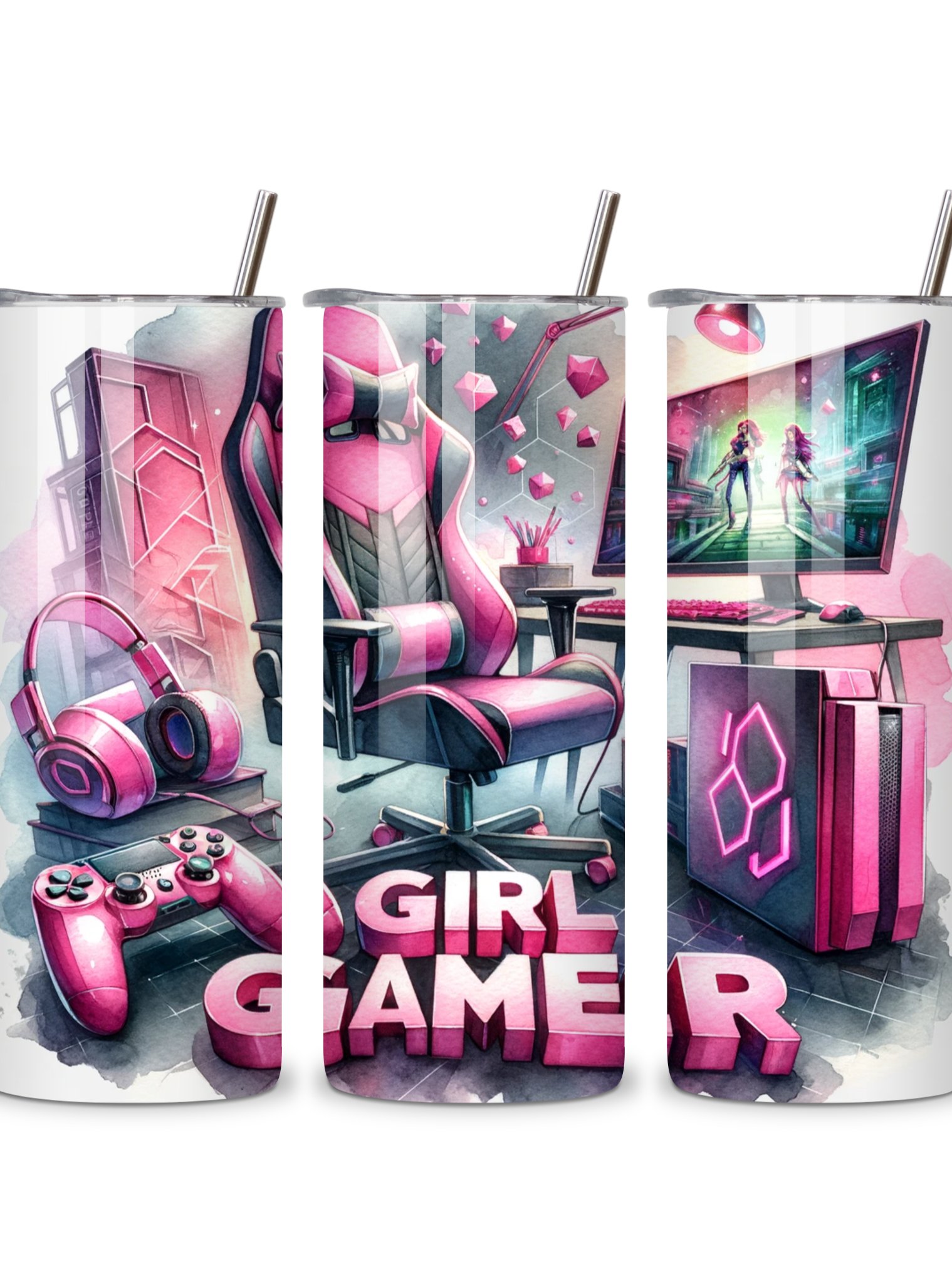 Girl Gamer 20oz Skinny Tumbler with Metal Straw – Pink Gaming Setup Design with Controller and Headset – Double-Walled Insulated Stainless Steel Tumbler for Hot & Cold Drinks product image (4)