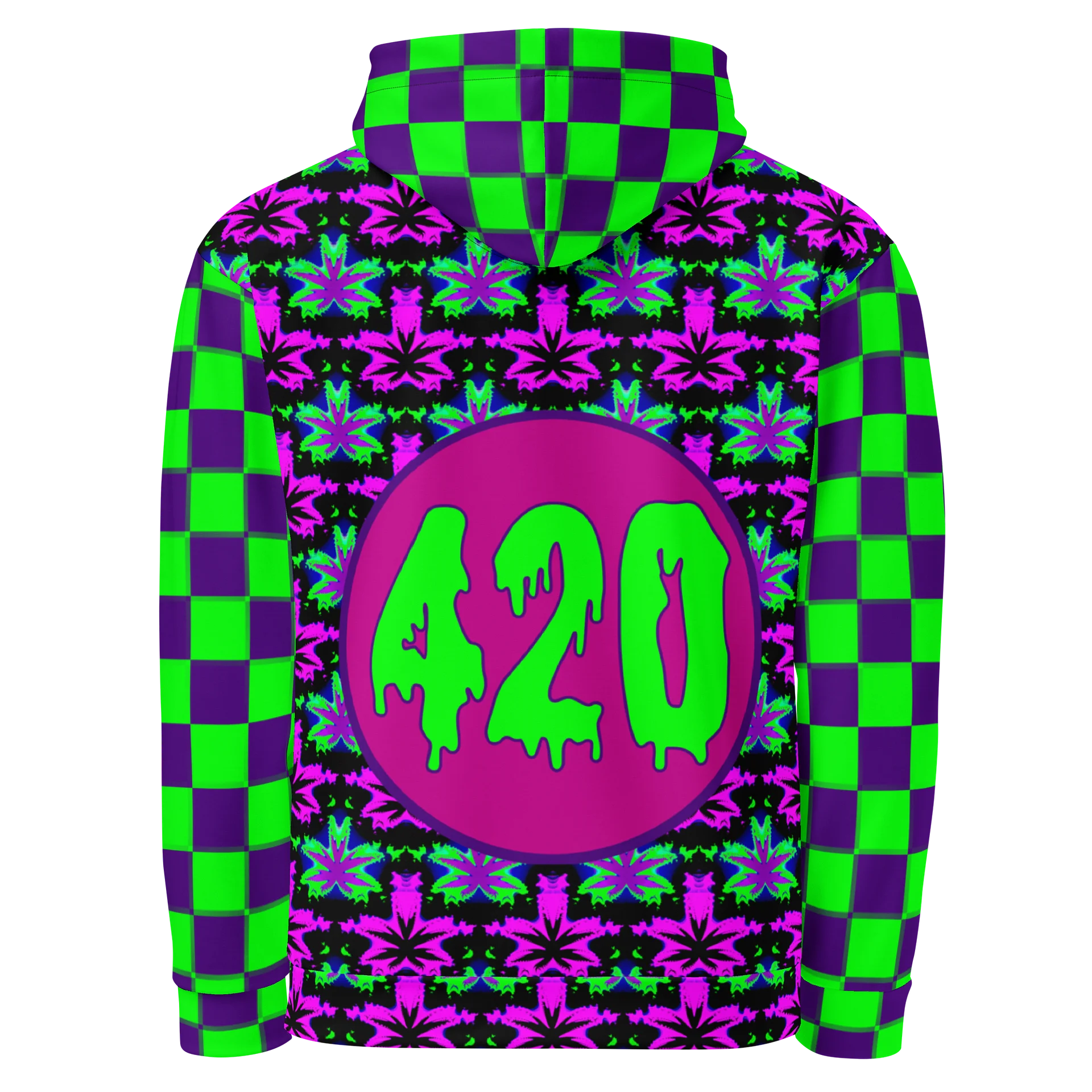 Pot Leaf 420 Festival Hoodie, Cannabis Clowncore Checkers Clothing, Neon Retro Raver Stoner Fashion, Twisted Techno Top, Weird Weed EDM Wear product image (4)