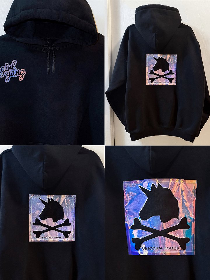 “Girl Gang” Holographic, Black Drawstring Hoodie (Original Design) product image (1)