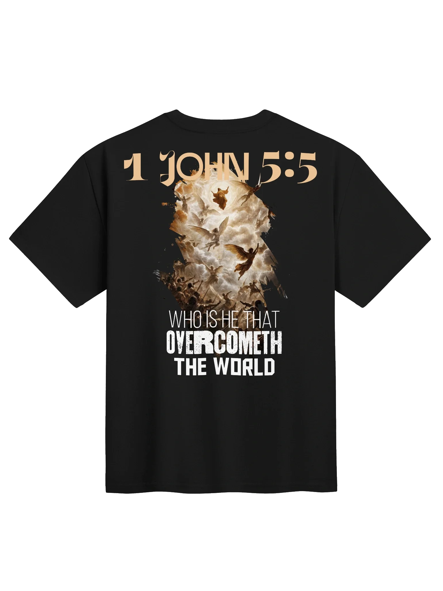 'He Who Overcomes' The World' Heavy Tee — back view