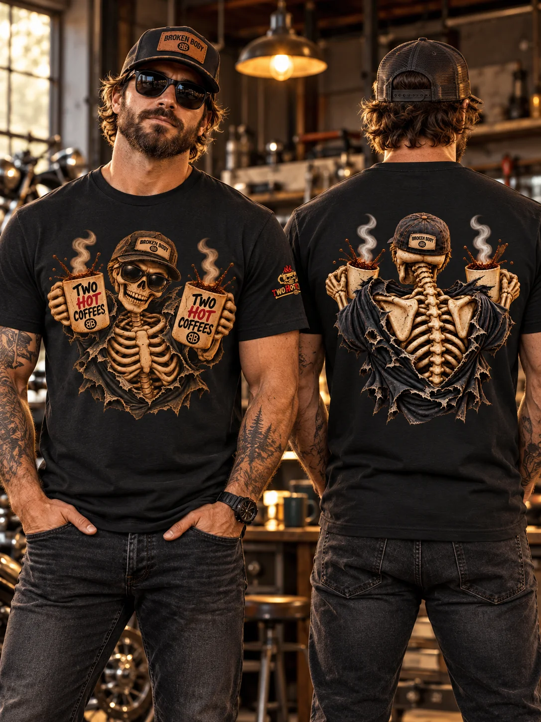 Funny Halloween Coffee Shirt — Two Hot Coffees™ Clean Going In, Vintage Coming Out | Holly-Ween™ product image (1)