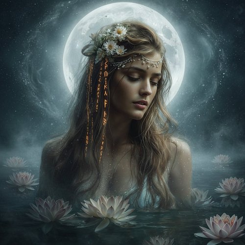 Moonlight weaves secrets in her hair. Pearls, petals, and ancient runes shimmer as she listens to the quiet wisdom of water l...