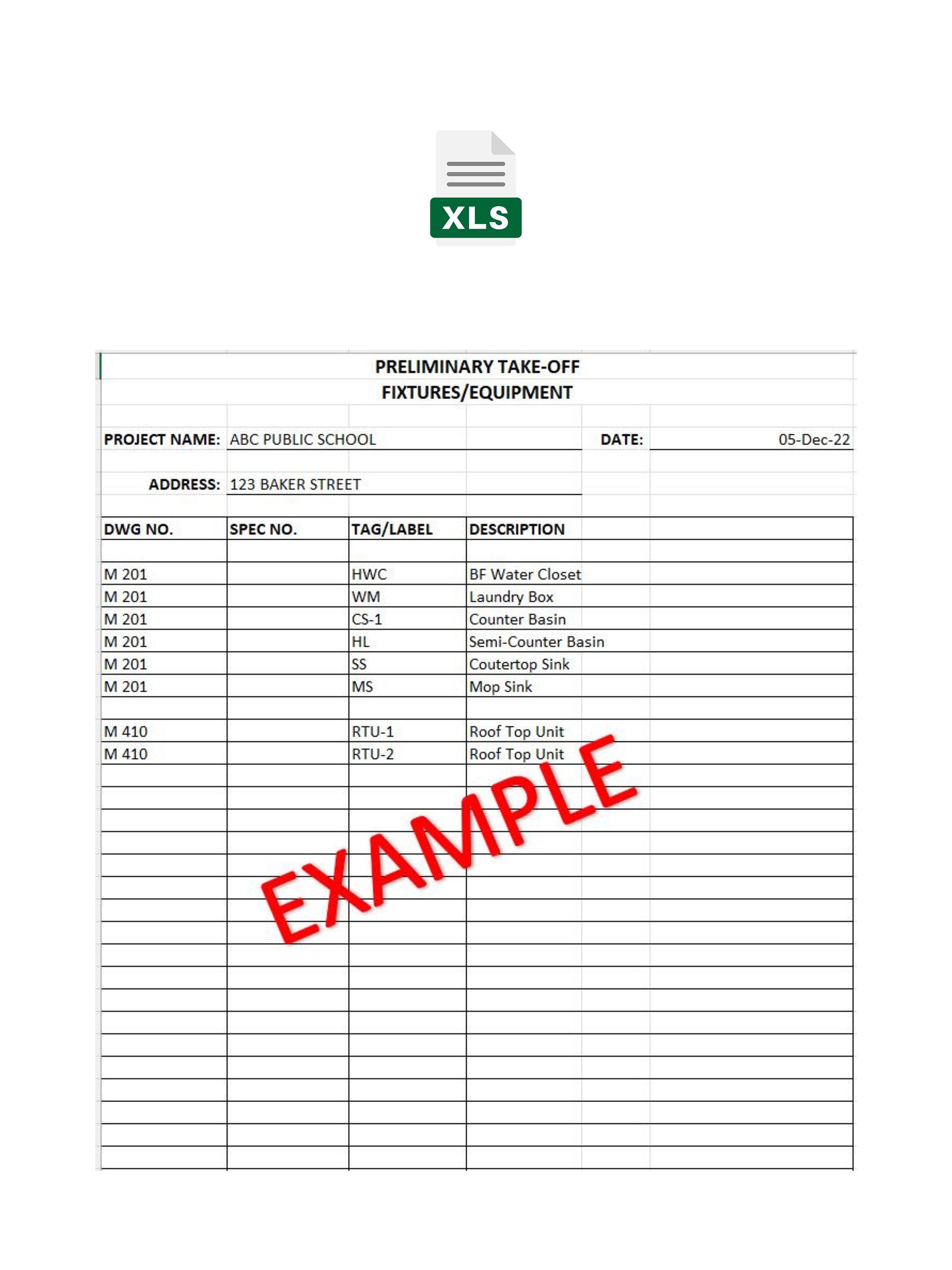 Preliminary Take-Off - Fixtures & Equipment - MS Excel product image (2)