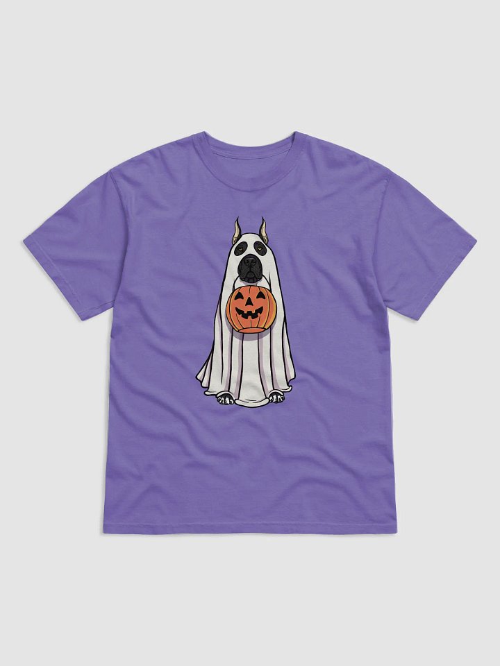 Funny Halloween Great Dane(Cropped Ears, Black) T-Shirt | Funny Great Dane Wearing a Ghost Costume and Holding a Pumpkin Basket product image (1)