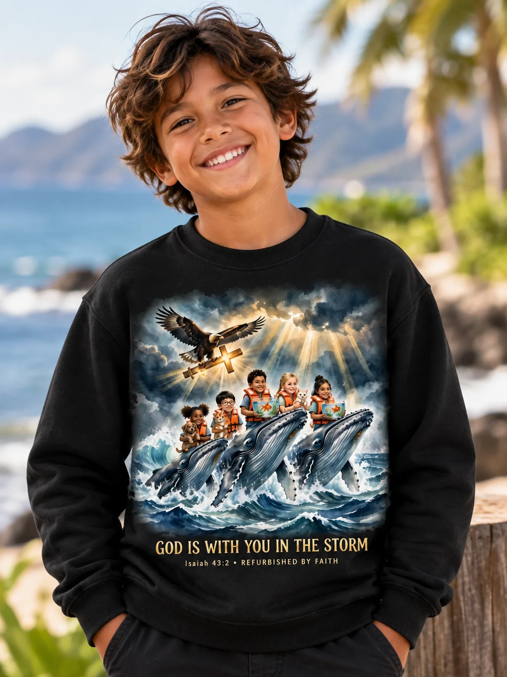God Is With You in the Storm Kids Christian Sweatshirt | Isaiah 43:2 Whale Crewneck | Christian Youth Faith Sweatshirt | Refurbished by Faith product image (1)