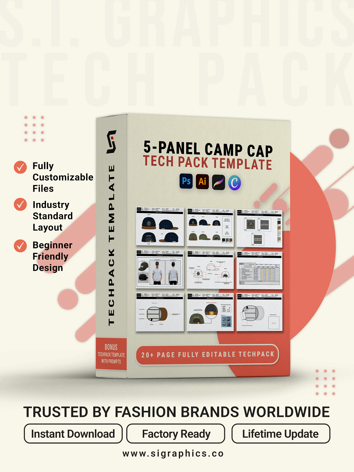 Cap Vector Tech Pack 5-Panel Camp Cap Tech Pack Template | S.i. Graphics | Clothing Mockups ...