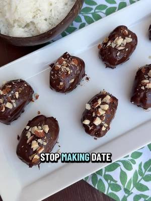 I cannot stop making date candy with medjool dates. If you want to eat a candy bar that has nutrients and protein, you’ve got to try this recipe! 💃🏻 Coconut Almond Date Candy 12 Medjool dates 1/4 cup peanut butter 2 Tbsp almonds, plus more for garnish 1 Tbsp shredded coconut, plus more for garnish 4 oz semi-sweet baking chocolate 2 tsp vegetable shortening Hawaiian sea salt 1) Chop almonds and coconut. Mix together with peanut butter. 2) Slice dates in open and remove pit. Stuff with coconut almond mixture. 3) Finely chop chocolate and place in a heatproof bowl with vegetable shortening. Microwave at half power for 1-2 minutes, stirring every thirty seconds until smooth and glossy.  4) Spoon chocolate over dates one at a time. Shake off the excess and set finished treats open-side down on a baking sheet lined with wax paper. 5) Sprinkle chocolate-covered dates with chopped almonds and Hawaiian sea salt. Let sit at room temperature for one hour to firm up, then enjoy! Store in an air-tight container at room temperature. #dates #medjooldates #homemadecandy #healthysnacking #chocolatetreats 