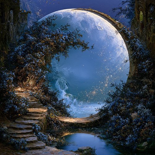 She walks the ancient path toward the moon, and the moon rises to meet her. Through the stone archway, through the blue flowe...