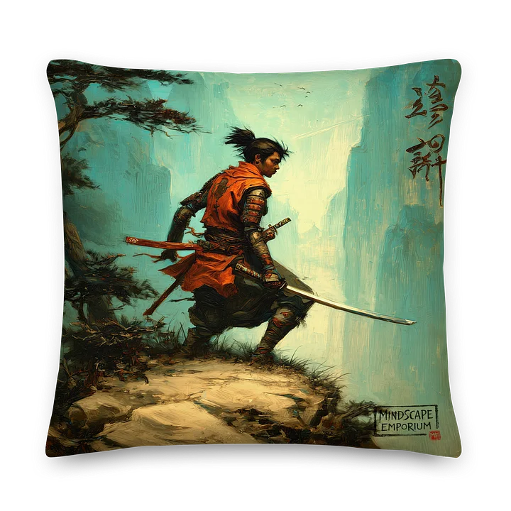 Silent Ridge Ronin – Painterly Samurai Landscape Cushion Cover product image (1)