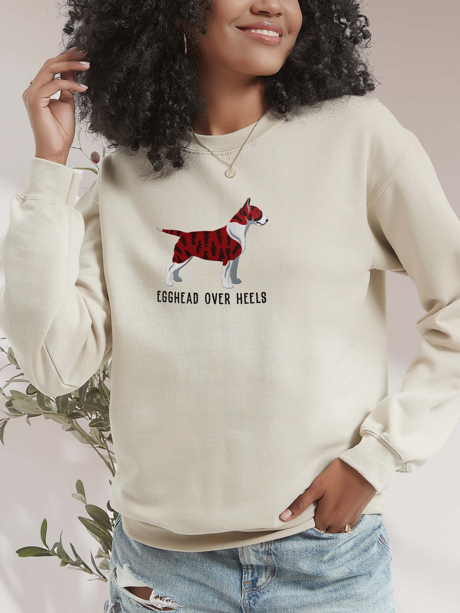 Egghead Over Heals Sweatshirt (Embroidered) of an English Bull Terrier(Brindle) product image (2)