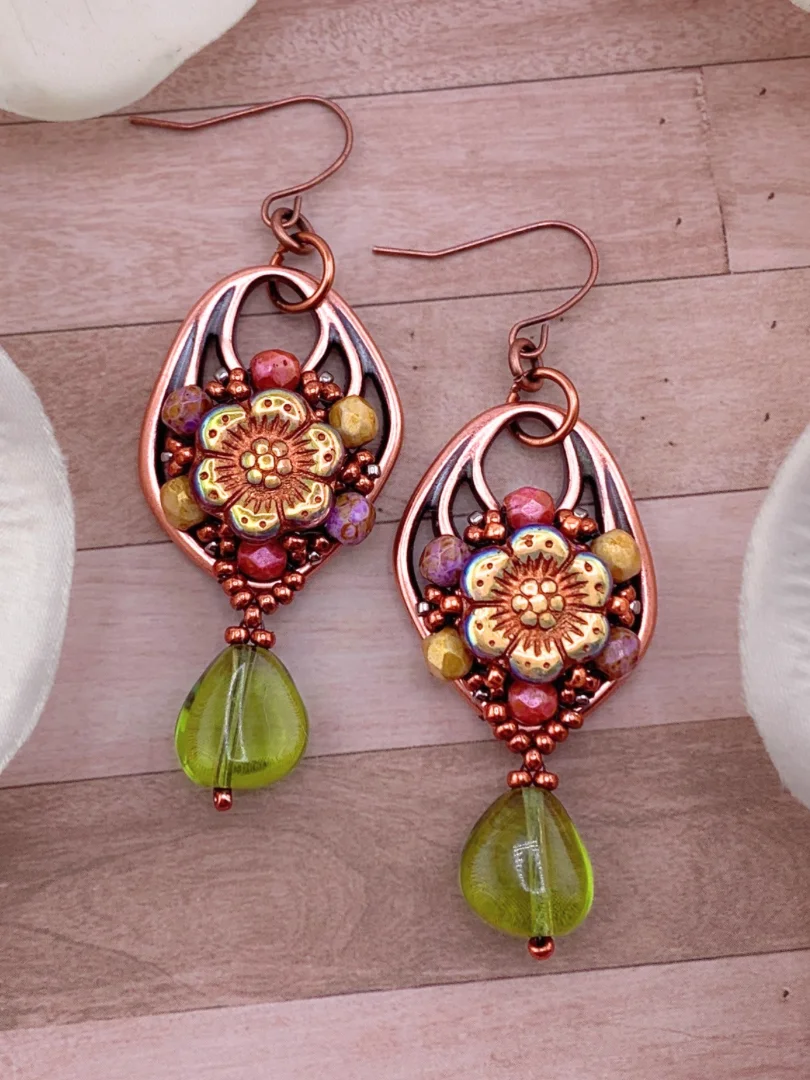 Floral Boho Beaded Copper and Glass Earrings product image (5)