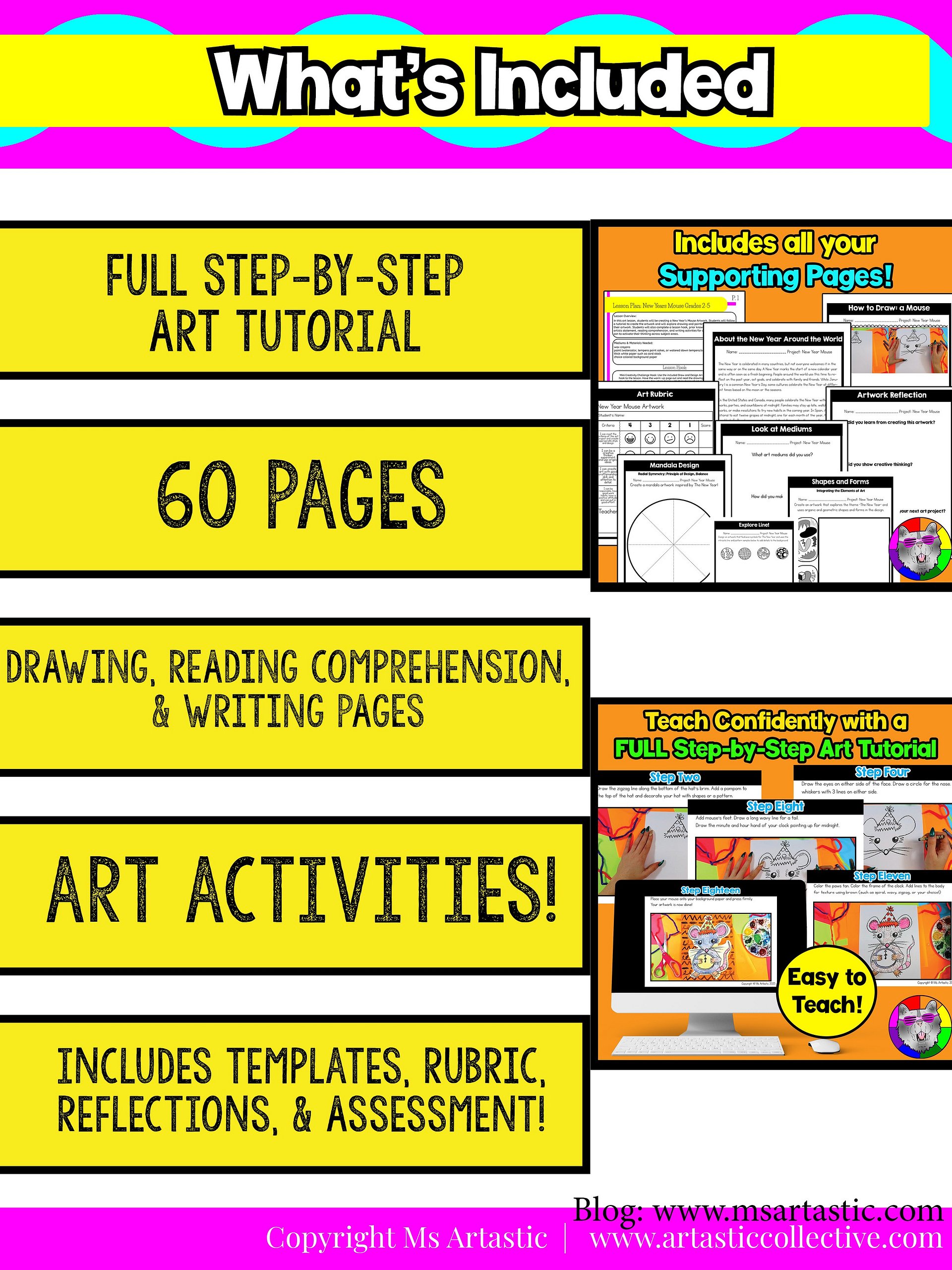 New Years Art Lesson, New Year Mouse Art Project, Winter Art Activity with Reading Comprehension & Writing (Grades 2–5) product image (6)
