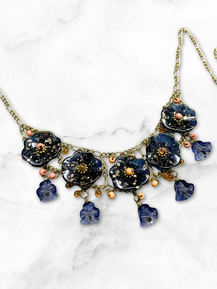 Beaded Glass Floral Statement Necklace on Chain - Blue product image (2)