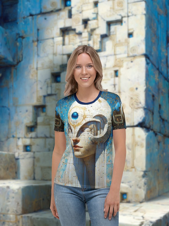 Vitruvian Custodian — Techno-Classical Relic Portrait T-Shirt | Ancient Circuit Figure in Blue & Stone product image (1)