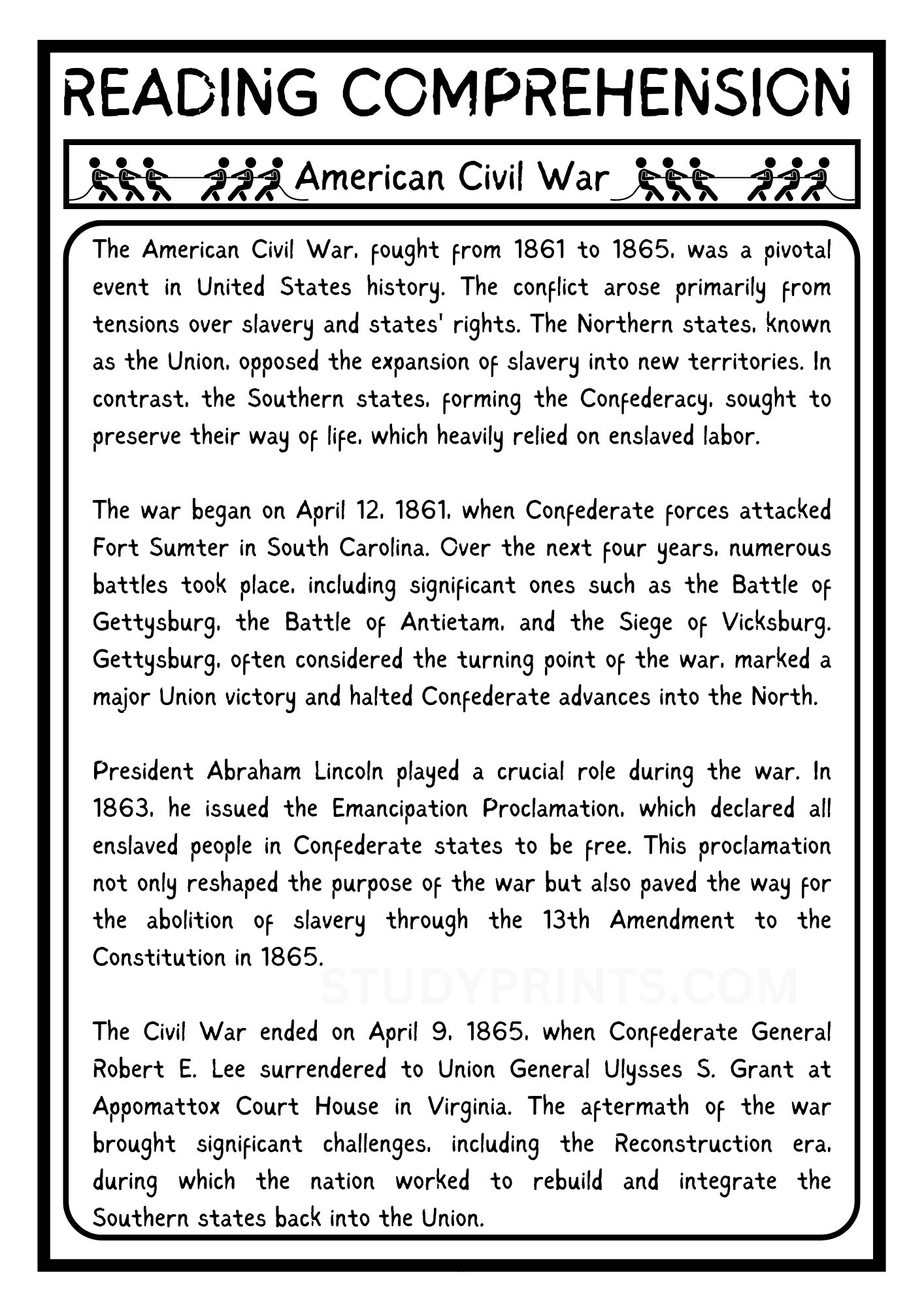 American Civil War Reading Comprehension Worksheet with 6 Questions PDF product image (2)