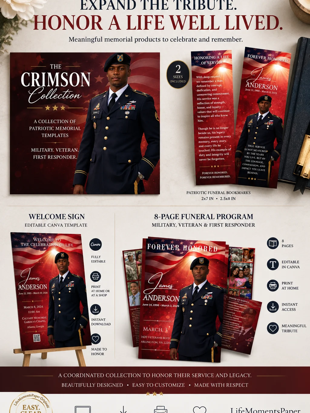 Military Funeral Bookmark Template, Veteran Obituary, Editable Canva product image (3)