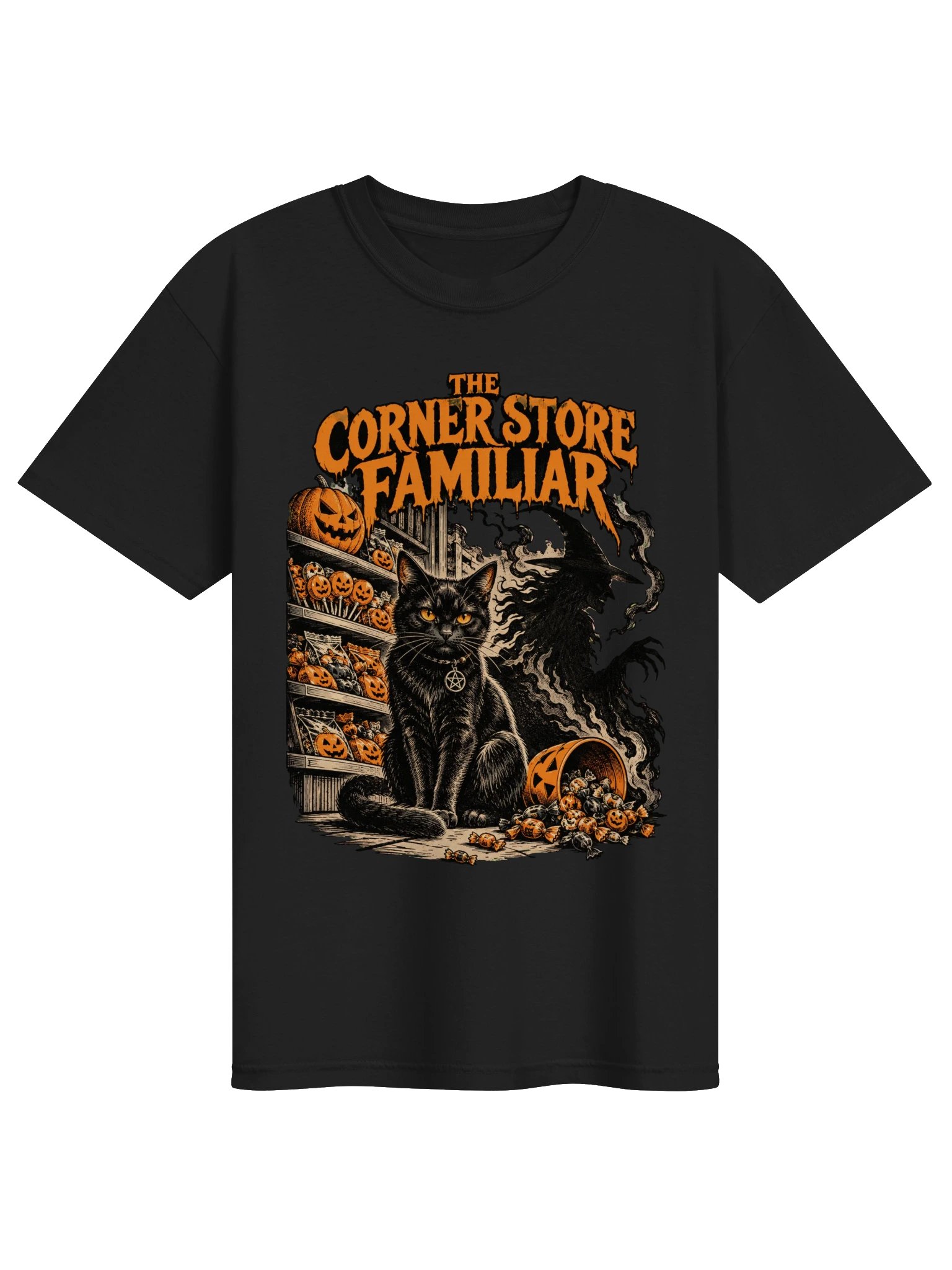 The Corner Store Familiar — Halloween Black Cat Witch T-Shirt product image (1)