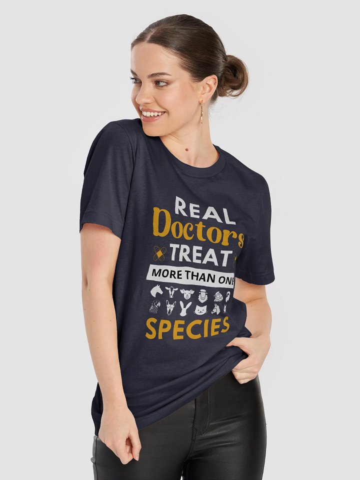 "Real doctor treat more than one species" t-shirt (dark background) product image (2)