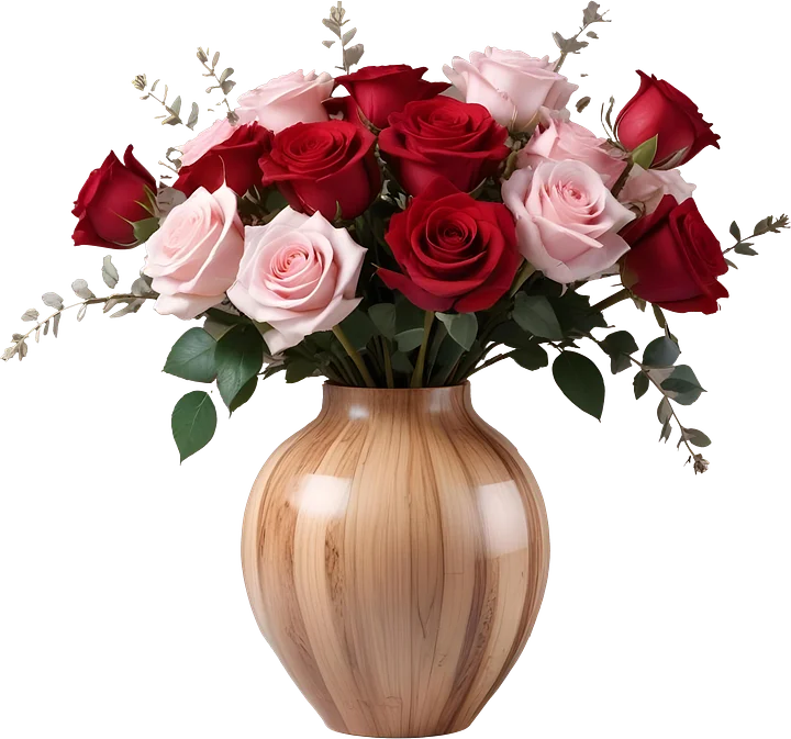 Natural Wooden Vase with Red and Pink Roses PNG product image (1)