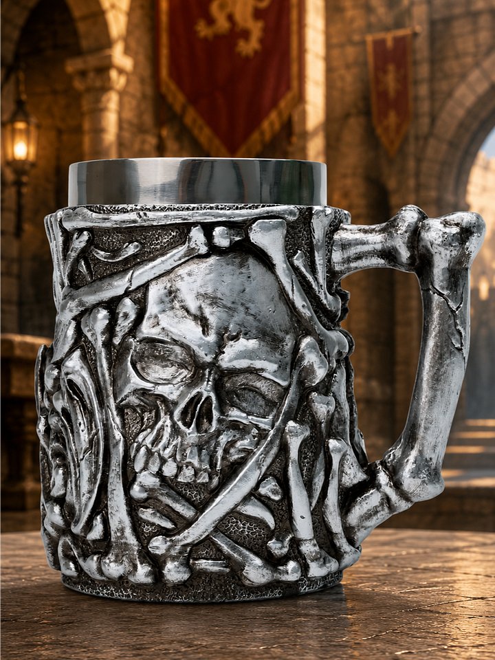 The Armored Kingdom Ironbone Silver Skull Brew Mug-Bone Sculpted Base-High Quality Drinkware product image (1)