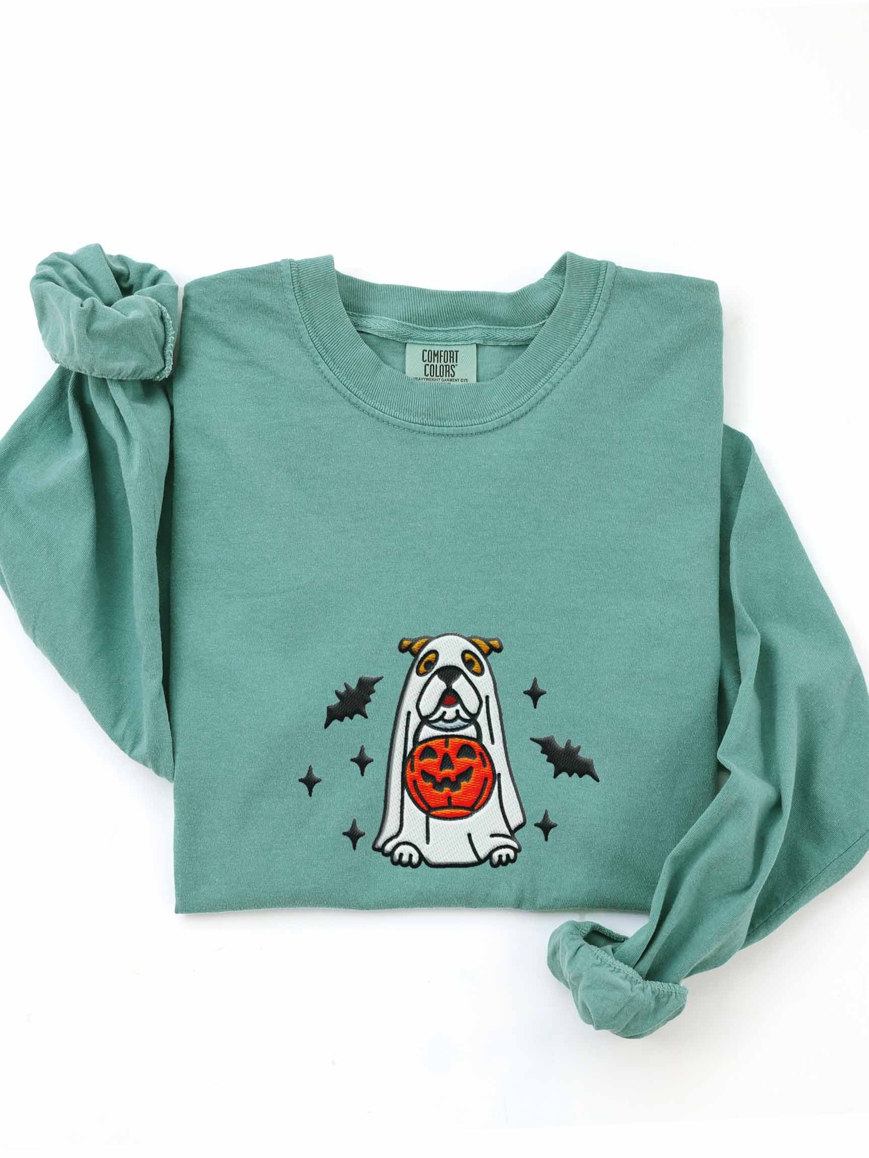 Halloween English Bulldog(Brown & White) Embroidered Long-Sleeve T-Shirt product image (1)