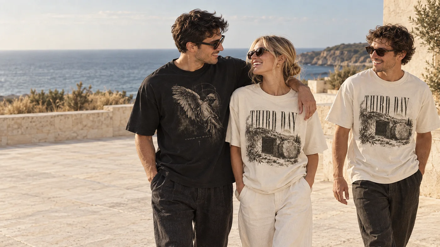 Friends wearing GOD WILLING by the coast