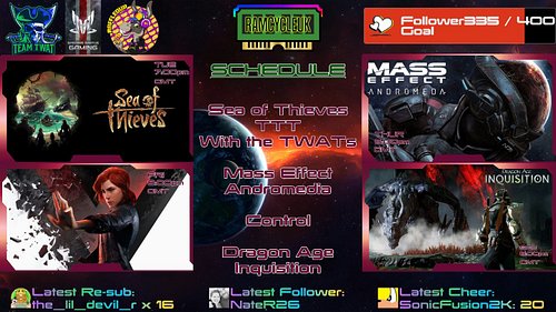 THIS WEEKS SCHEDULE!
Tuesday: TTT hosted by @SonicFusion2K
 With #TeamTWAT #seaofthieves 
Thursday: #masseffectandromeda 
Fri...