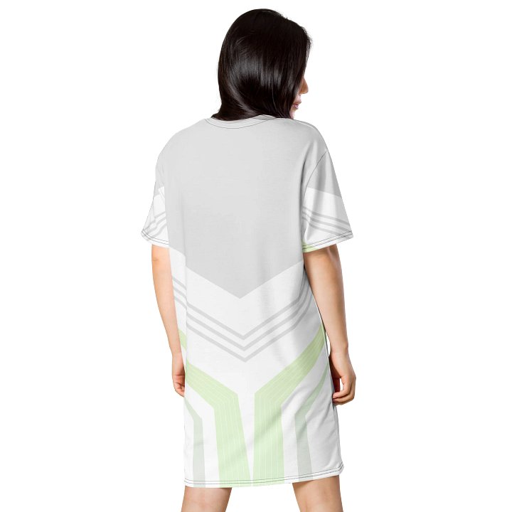 Trendy Geometric Pattern T-Shirt Dress - Light Gray with Green & White Accents - Oversized Fit product image (2)