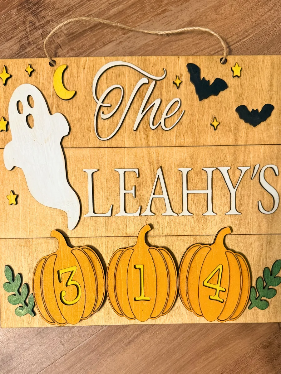 Personalized Halloween Door Hanger | Custom Family Name, House Number Sign | Basswood Pumpkin Decor product image (9)
