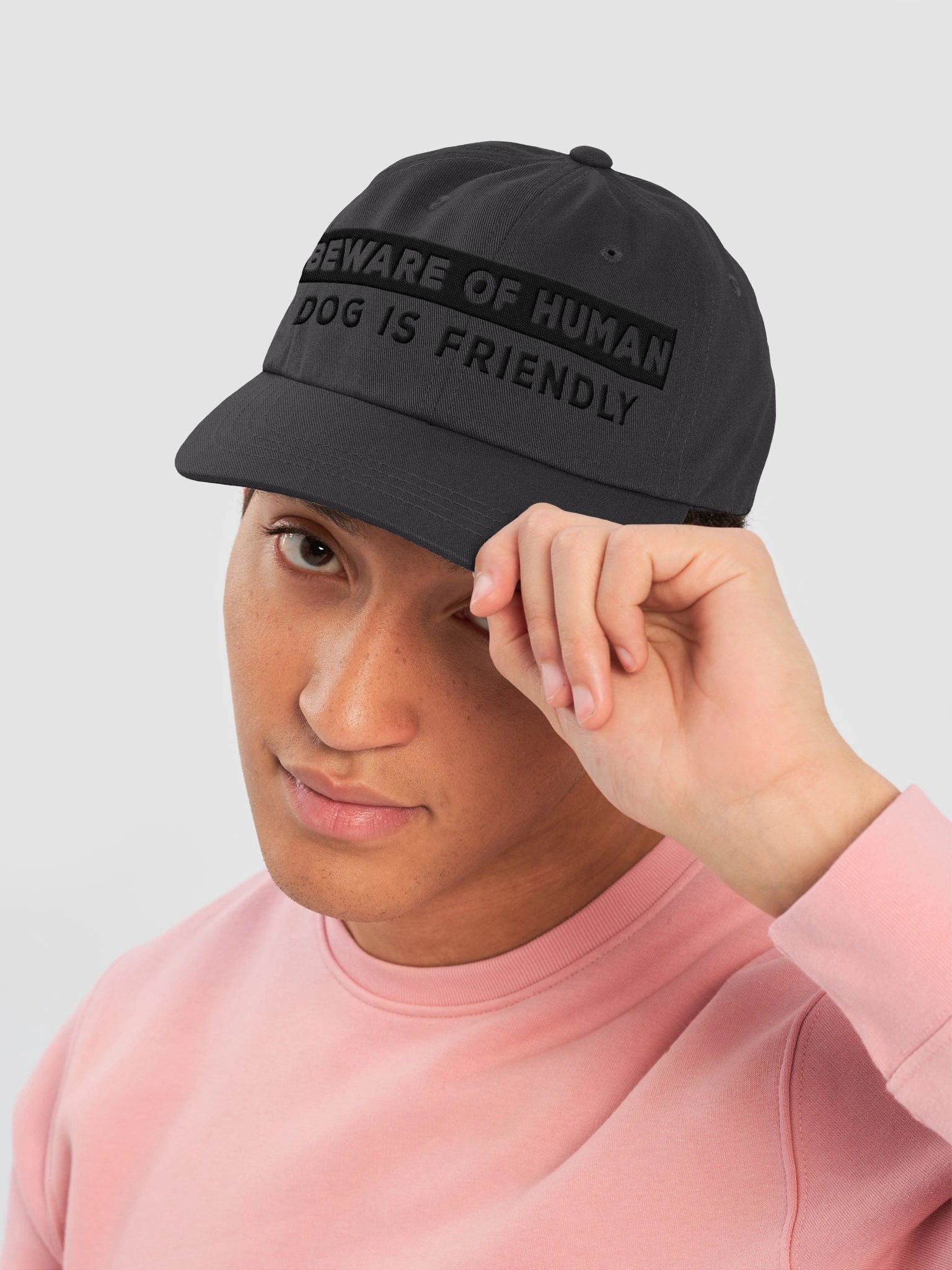 Beware of Human. Dog Is Friendly (Embroidered) Low Contrast (Black) Classic Dad Hat product image (2)