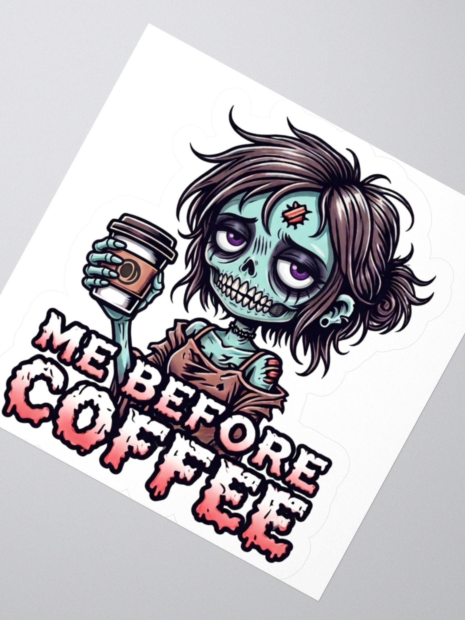 "Me Before Coffee" Zombie Chick Kiss-Cut Sticker | Me Before Coffee Collection product image (2)