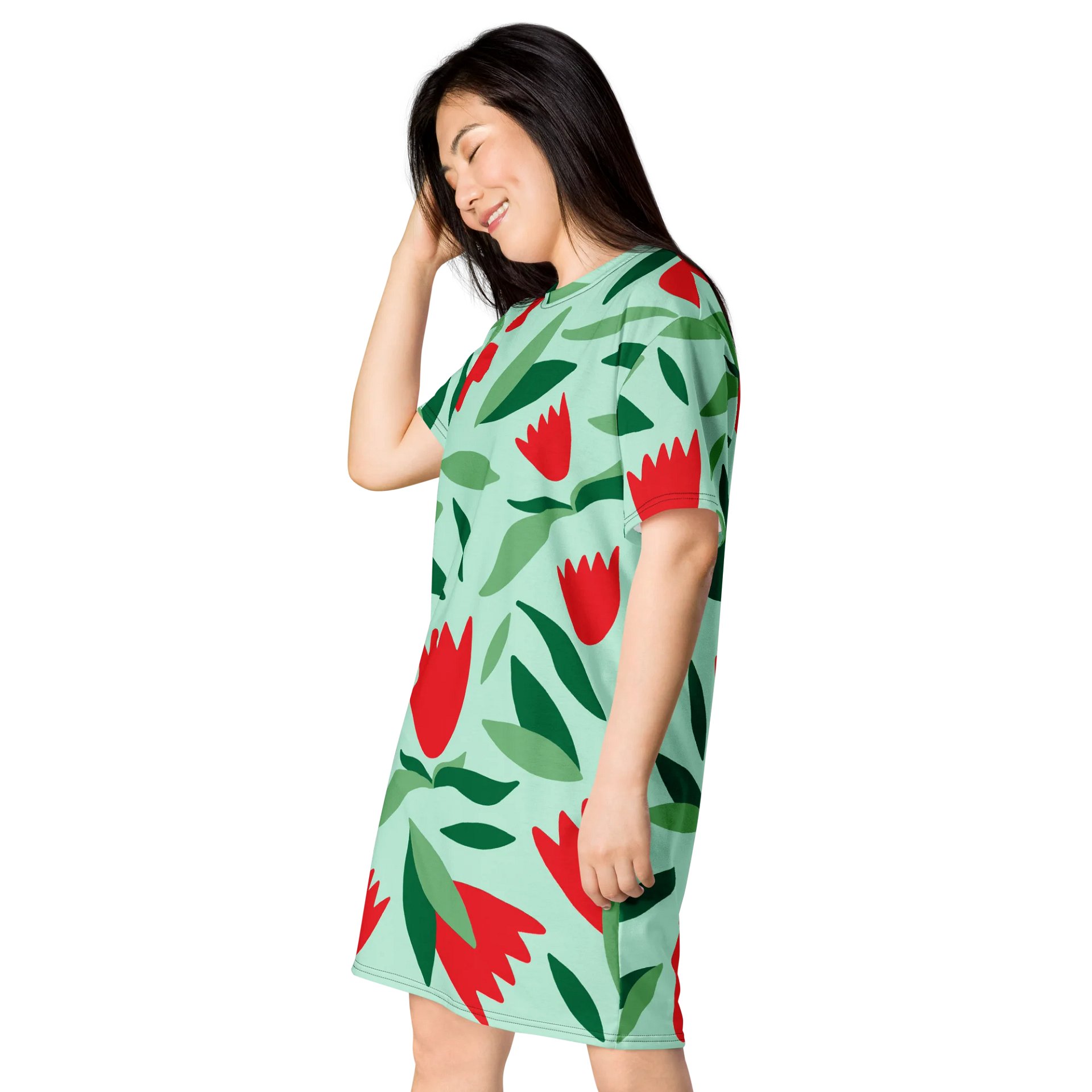 Floral Oversized T-Shirt Dress in Vibrant Red and Green - Exclusive TDSMUSIC Design product image (3)