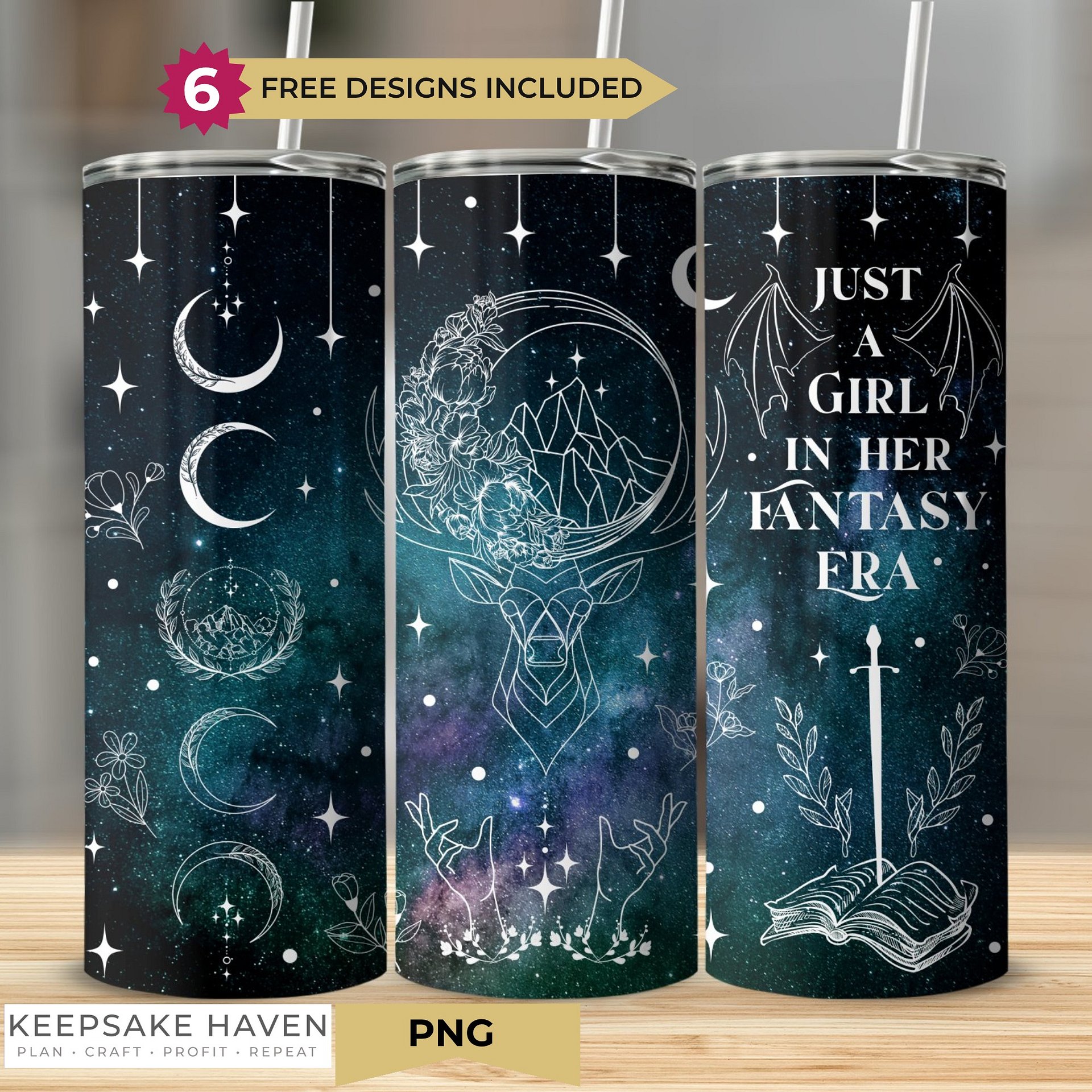 Girl In Her Fantasy Era Witchy Assassin Line Art Galaxy 20oz Straight Tumbler Sublimation PNG, Bookish Smut Reader, Instant Digital Download product image (1)