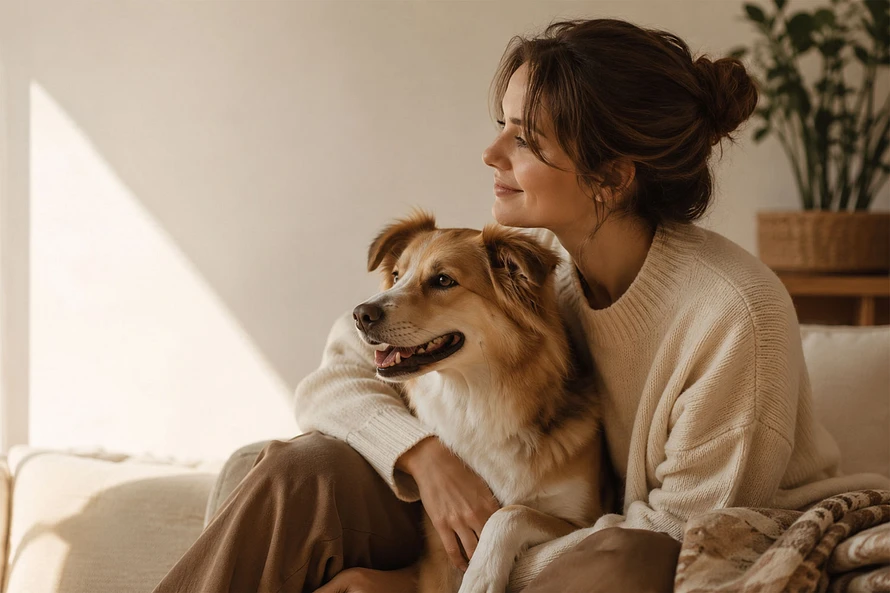 A cozy lifestyle moment of a dog owner relaxing with their dog at home, representing the bond between dog lovers and their pets.