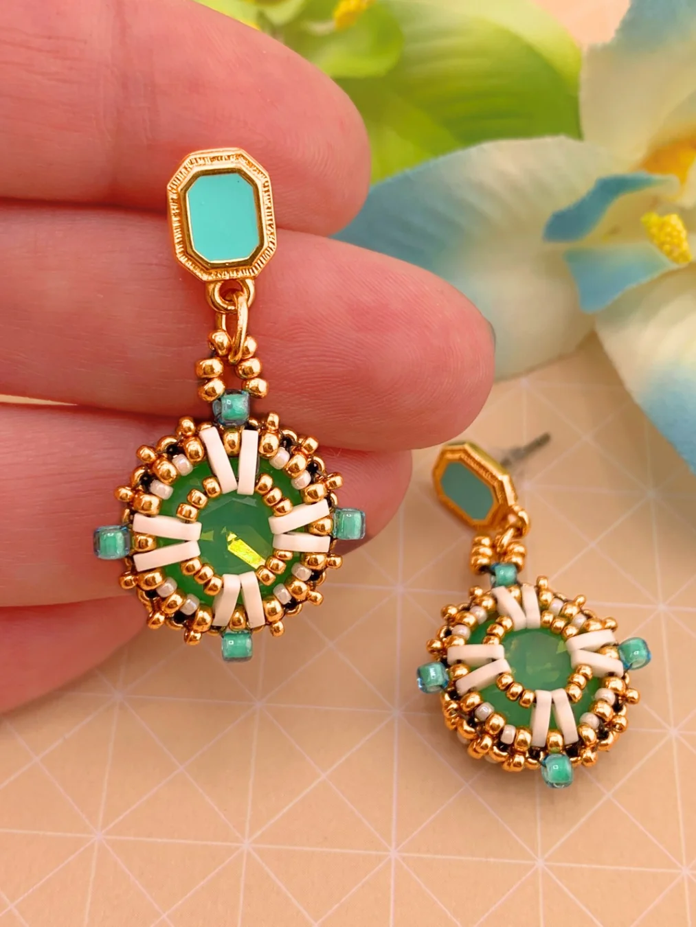 Taormina Beaded Crystal Earrings - Green, Gold product image (4)