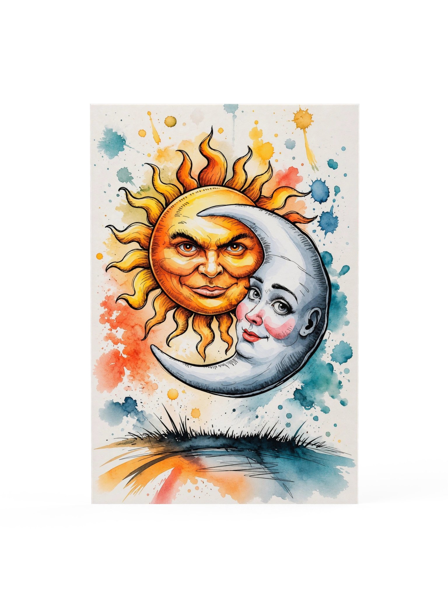 Celestial Mischief – Whimsical Sun & Moon - Watercolor Art Premium Poster product image (1)