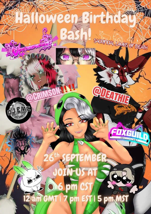 Hey everyone! We hope you're all doing amazing! 💜 It's that time of year again, and this year we're doing something extra special! Join us as we celebrate the birthdays of Mira, @Deathie and @Crimson‼️‼️ that's three birthday girls, one unforgettable Halloween party!** Come spend the night with us filled with laughter, drinks, games, dancing, and spooky fun as we celebrate with all of our amazing friends and communities! 📅 Date: 26th September  🕒 Time: 6pm CST 🔞 18+ ONLY This is an 18+ event and will be hosted in an Age-Gated VRChat instance To join, you'll need to be VRChat Age Verified. Unfortunately, anyone who isn't verified won't be able to access the instance, so be sure you're verified before the event!  The Instance will be made under Mira's Group: ✨ The Miracles ✨ MIRACL.0346 👻 Dress Code We're going full Halloween mode! Whether you're spooky, creepy, cute, elegant, funny, or downright terrifying, we want to see your best Halloween costumes! Don't be afraid to get creative we can't wait to see what everyone shows up in! 🎉 What's Happening? We will be having awesome music to dance to all night to by our two amazing DJ's: EMC and Bůnny 🍹 Drinks & good vibes 🎮 Party games 💃 Dancing the night away 🎂 Celebrating three incredible birthdays! Whether you're dropping in for a little while or partying until the very end, we'd love to celebrate with you! 📜 Event Guidelines This party is bringing together friends from several different communities, and our biggest goal is simple: Have fun. Celebrate. Make memories. If you happen to run into someone you don't get along with, we ask that you simply **mute them and continue enjoying the party.** This night is about celebrating together—not bringing old drama into the event. Please be respectful, welcoming, and kind to everyone attending. If any issues arise, our moderation team will step in and handle them so everyone can continue enjoying the celebration. 🤝 Community Collaborators A huge thank you to the amazing communities helping make this event possible! Be sure to show them some love. Let's make this a Halloween birthday bash to remember! 💜🎉🎃