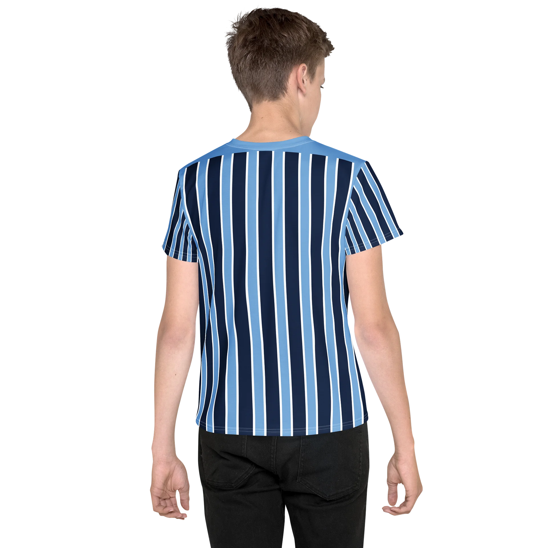 All-Over Navy Blue Stripe Youth Crew Neck T-Shirt product image (2)