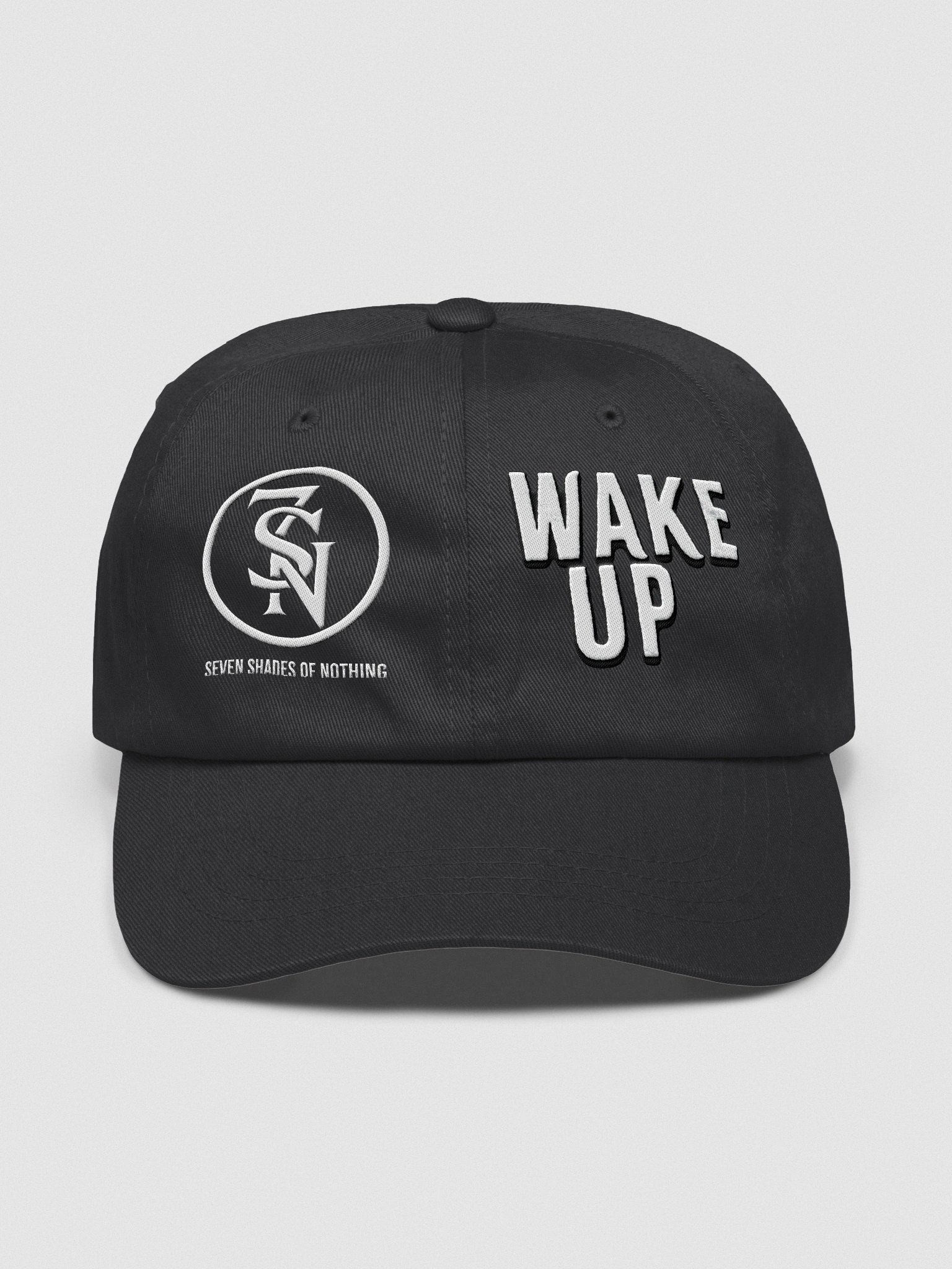 “Wake Up” embroidered dad hat – classic black alt cap from Seven Shades of Nothing – Yupoong Chino Twill product image (4)