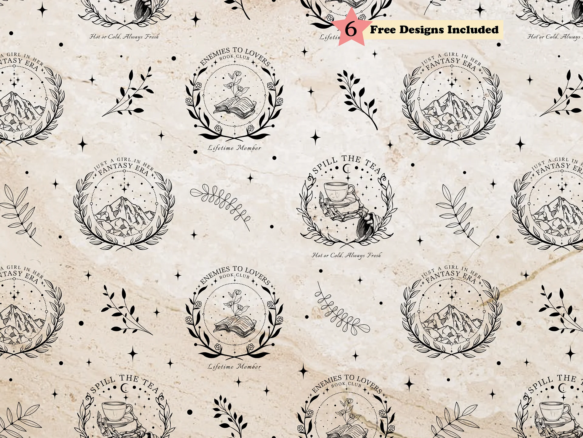 Smut Romantasy Book Reader Digital Paper Square Fabric SVG PNG, Fantasy Era Minimalist Tattoo Vintage Line Art, Seamless Digital Download product image (1)