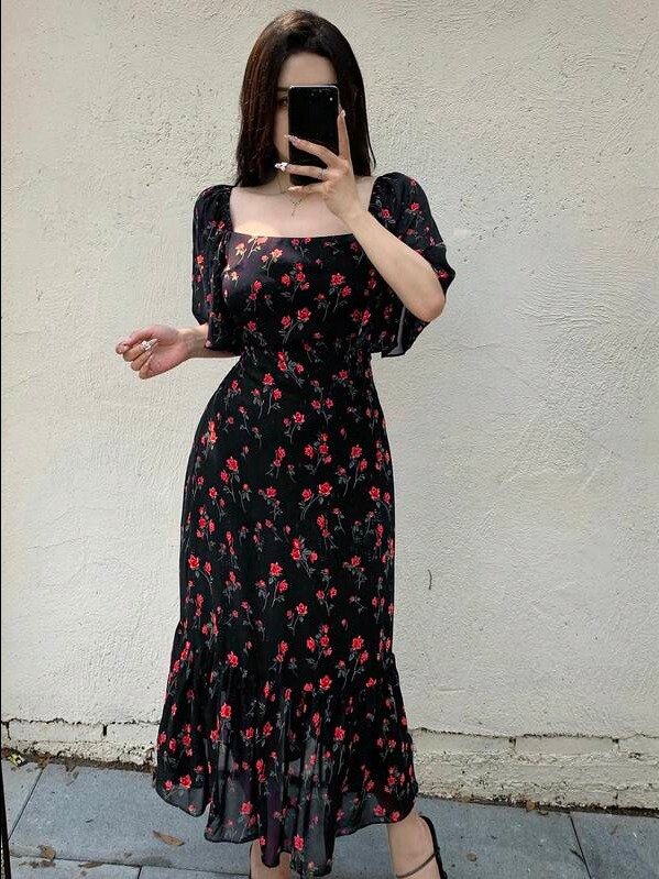 DAZY Women Chiffon Floral Print Square Collar Ruffle Hem Midi Dress,Milkmaid Dress product image (2)