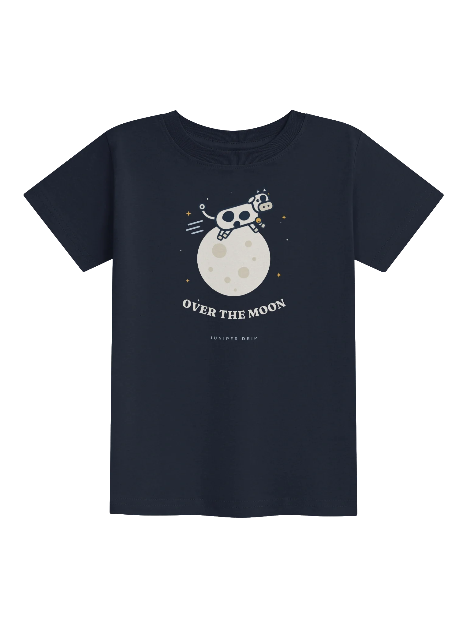 Over the Moon Toddler Tee in Navy: a cow jumping over the moon