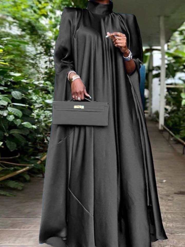 Women's Elegant Satin Pleated Maxi Dress, Stand Collar Long Sleeve Evening Party Dress, Loose Fit Autumn Wedding Guest Cocktail Gown product image (5)