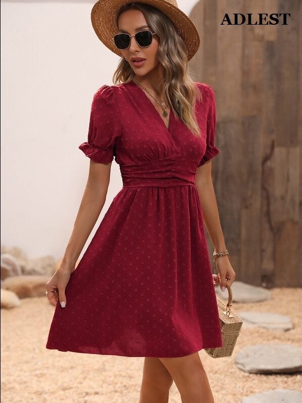 Breezaya Swiss Dot Puff Sleeve Ruffle Detail Shirred Waist A-Line Dress Burgundy Color Women Outfit product image (3)